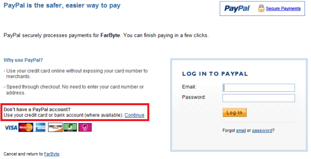 Make Paypal payment without an account option