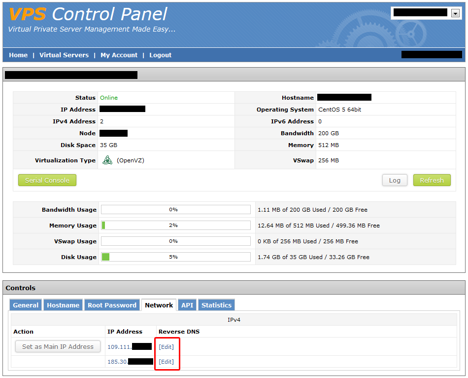 Farbyte VPS control panel network settings