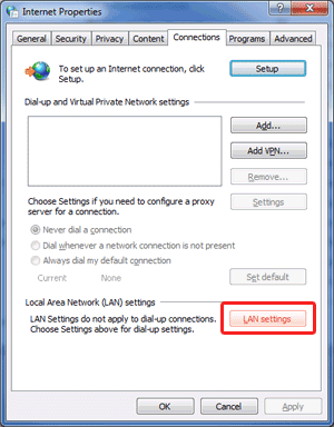 Windows Internet Property Connection tab